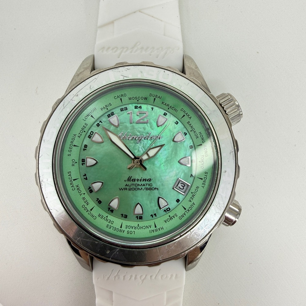 Marina Automatic Watch — MOP Green Dial with Milanese mesh and white strap